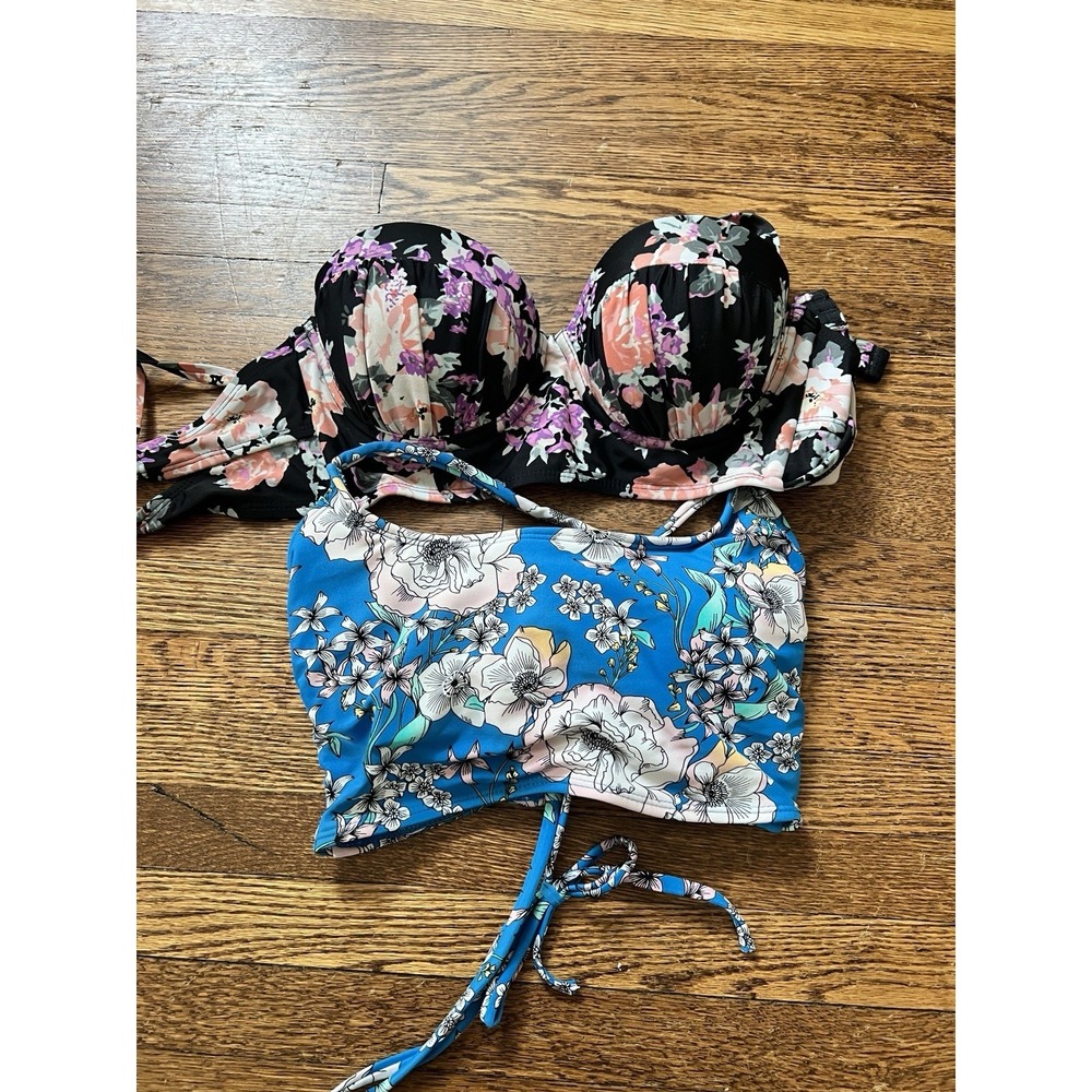 Xhilaration Women's Bikini Top Lot Of Two Black And‎ Blue Floral Size Small